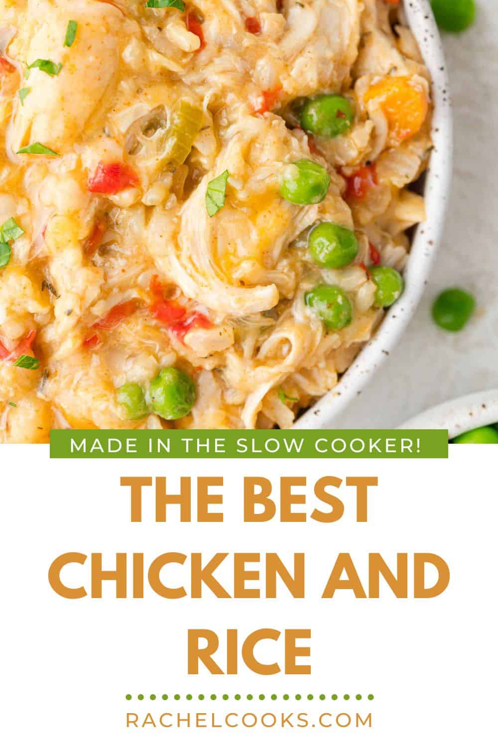 Crockpot Chicken and Rice Pinterest graphic with text and photos.
