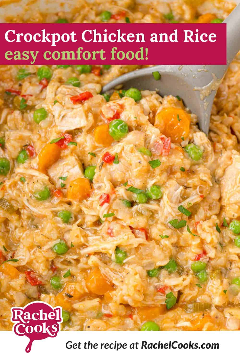 Crockpot Chicken and Rice Pinterest graphic with text and photos.