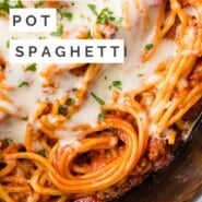Crockpot Spaghetti Pinterest graphic with text and photos.