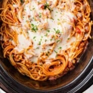 Crockpot Spaghetti Pinterest graphic with text and photos.