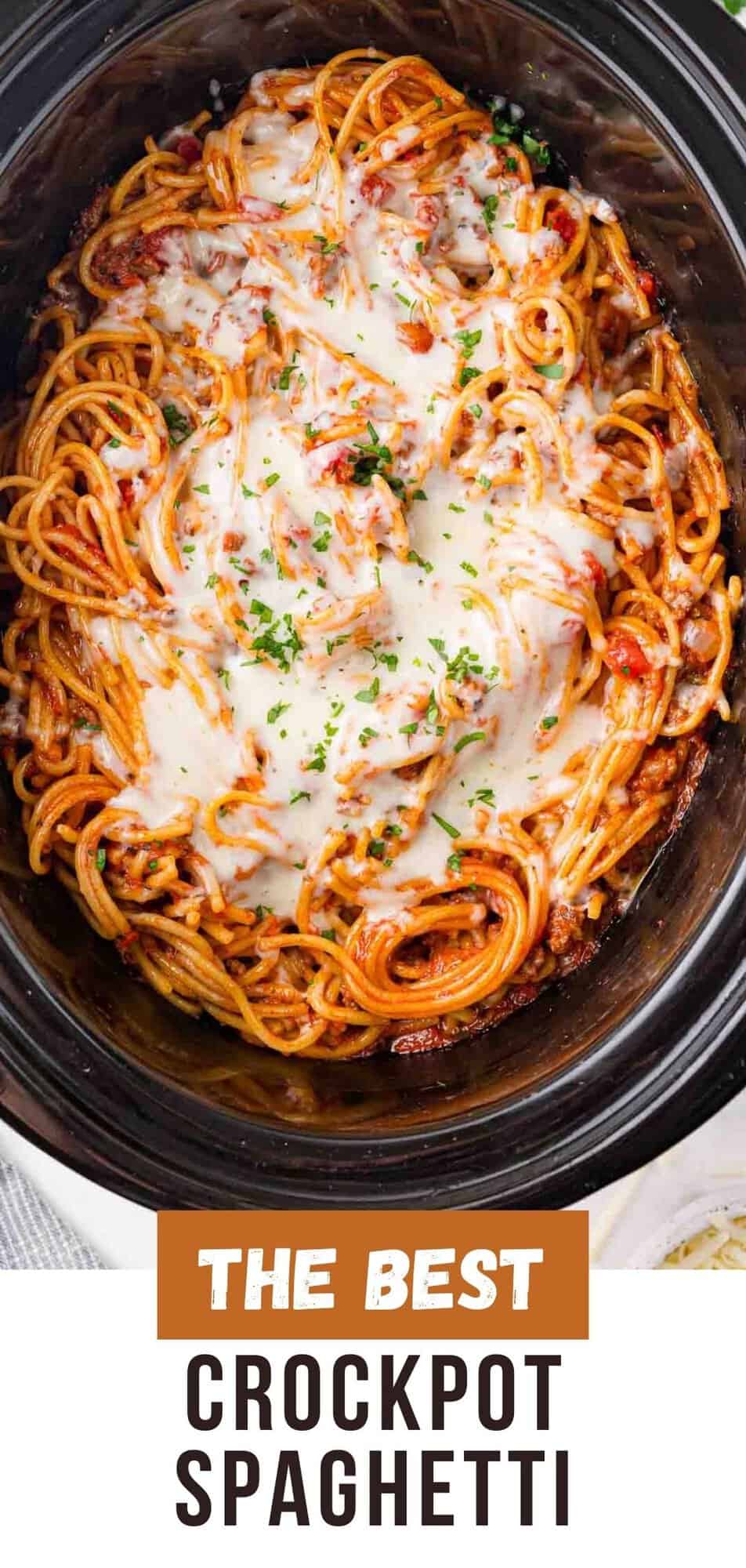 Crockpot Spaghetti Pinterest graphic with text and photos.