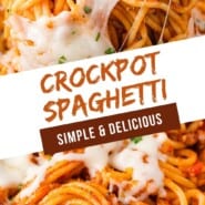 Crockpot Spaghetti Pinterest graphic with text and photos.