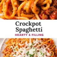 Crockpot Spaghetti Pinterest graphic with text and photos.