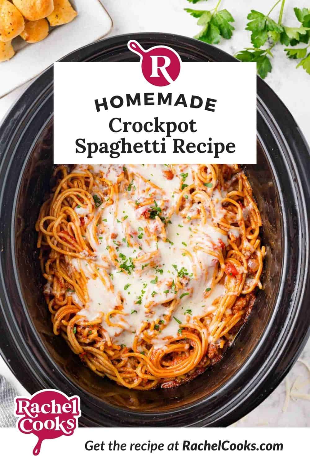 Crockpot Spaghetti Pinterest graphic with text and photos.