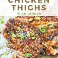 Ginger Chicken Thighs Pinterest graphic with text and photos.