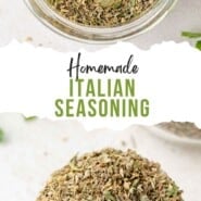 Italian Seasoning Pinterest graphic with text and photos.