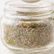 Italian Seasoning Pinterest graphic with text and photos.