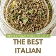 Italian Seasoning Pinterest graphic with text and photos.