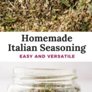 Italian Seasoning Pinterest graphic with text and photos.