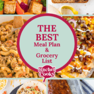Collage of various dishes including tofu, banana bread, pasta, nachos, tacos, and salmon with text reading The Best Meal Plan & Grocery List.