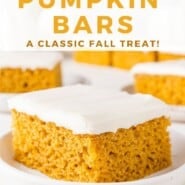 Pumpkin Bars Pinterest graphic with text and photos.