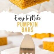Pumpkin Bars Pinterest graphic with text and photos.
