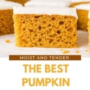 Pumpkin Bars Pinterest graphic with text and photos.