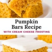 Pumpkin Bars Pinterest graphic with text and photos.