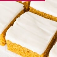 Pumpkin Bars Pinterest graphic with text and photos.