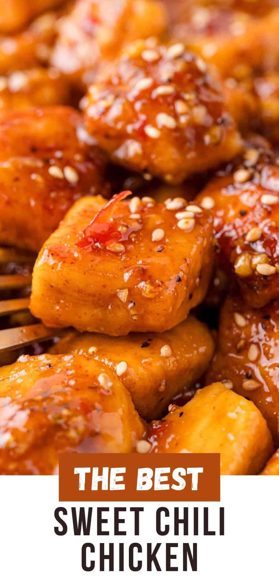 Sweet Chili Chicken Pinterest graphic with text and photos.