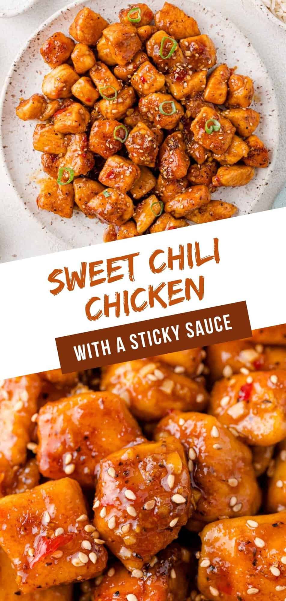 Sweet Chili Chicken Pinterest graphic with text and photos.