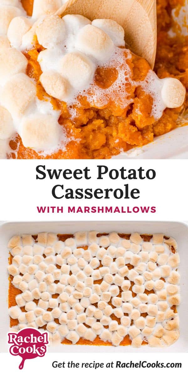 Sweet Potato Casserole Pinterest graphic with text and photos.