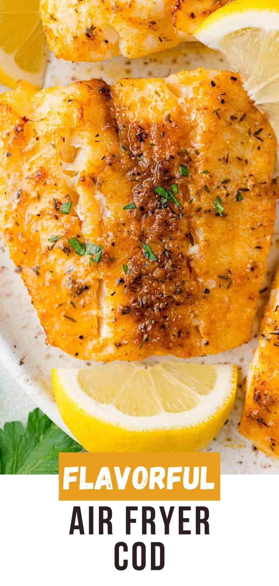 Air Fryer Cod Pinterest graphic with text and photos.