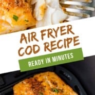 Air Fryer Cod Pinterest graphic with text and photos.