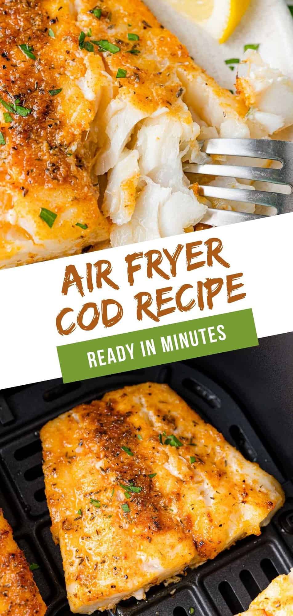 Air Fryer Cod Pinterest graphic with text and photos.