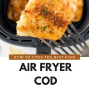 Air Fryer Cod Pinterest graphic with text and photos.
