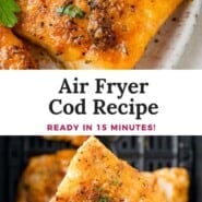 Air Fryer Cod Pinterest graphic with text and photos.
