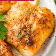 Air Fryer Cod Pinterest graphic with text and photos.