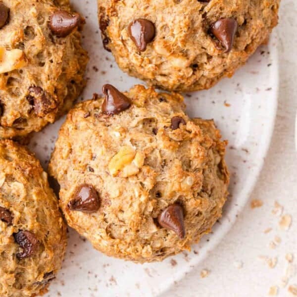 Close-up of oatmeal cookies with chocolate chips on a speckled white plate.