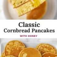 Cornbread Pancakes Pinterest graphic with text and photos.