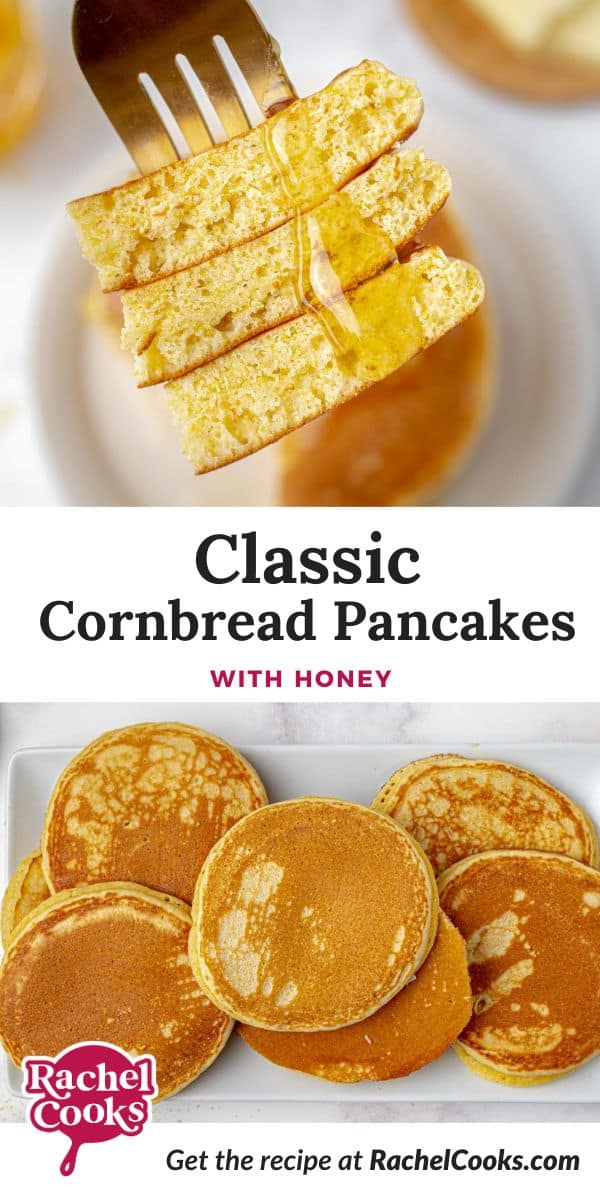 Cornbread Pancakes Pinterest graphic with text and photos.
