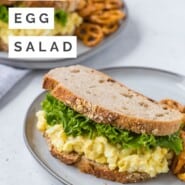 Egg Salad Pinterest graphic with text and photos.
