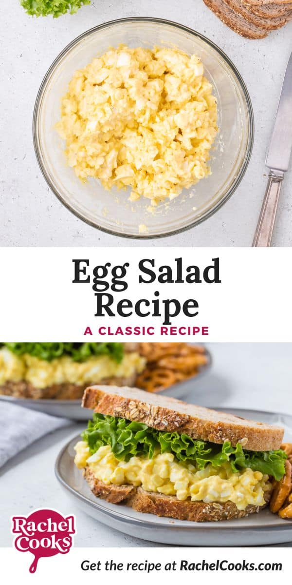 Egg Salad Pinterest graphic with text and photos.