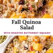 Fall Quinoa Salad Pinterest graphic with text and photos.