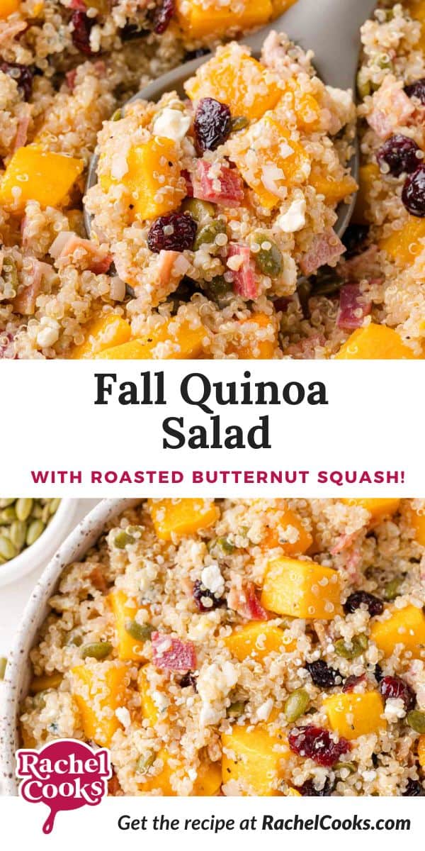 Fall Quinoa Salad Pinterest graphic with text and photos.