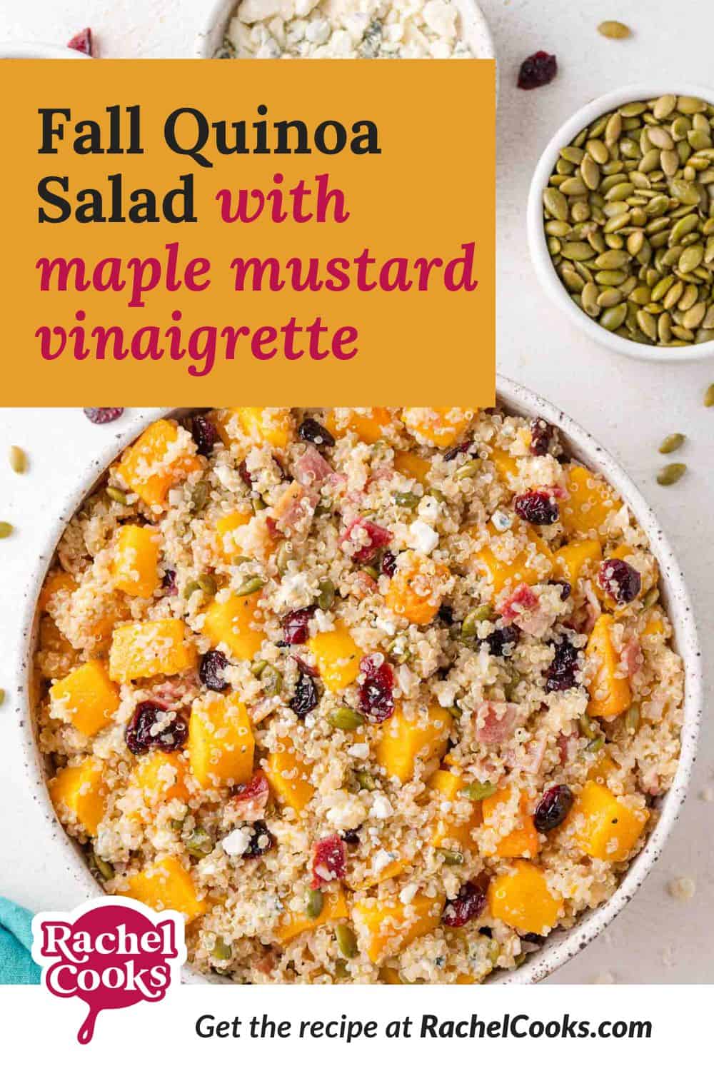 Fall Quinoa Salad Pinterest graphic with text and photos.
