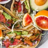 Fish Tacos Recipe Pinterest graphic with text and photos.