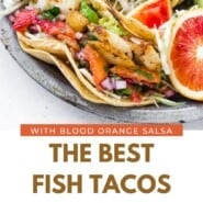 Fish Tacos Recipe Pinterest graphic with text and photos.