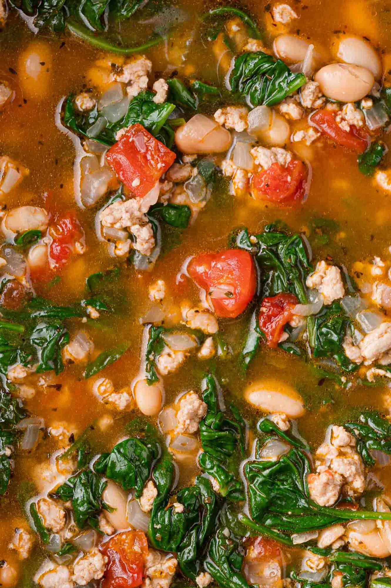 Close-up of a hearty soup with spinach, tomatoes, white beans, ground meat, and onions in a broth.