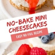 No-Bake Mini Cheesecakes Pinterest graphic with text and photos.