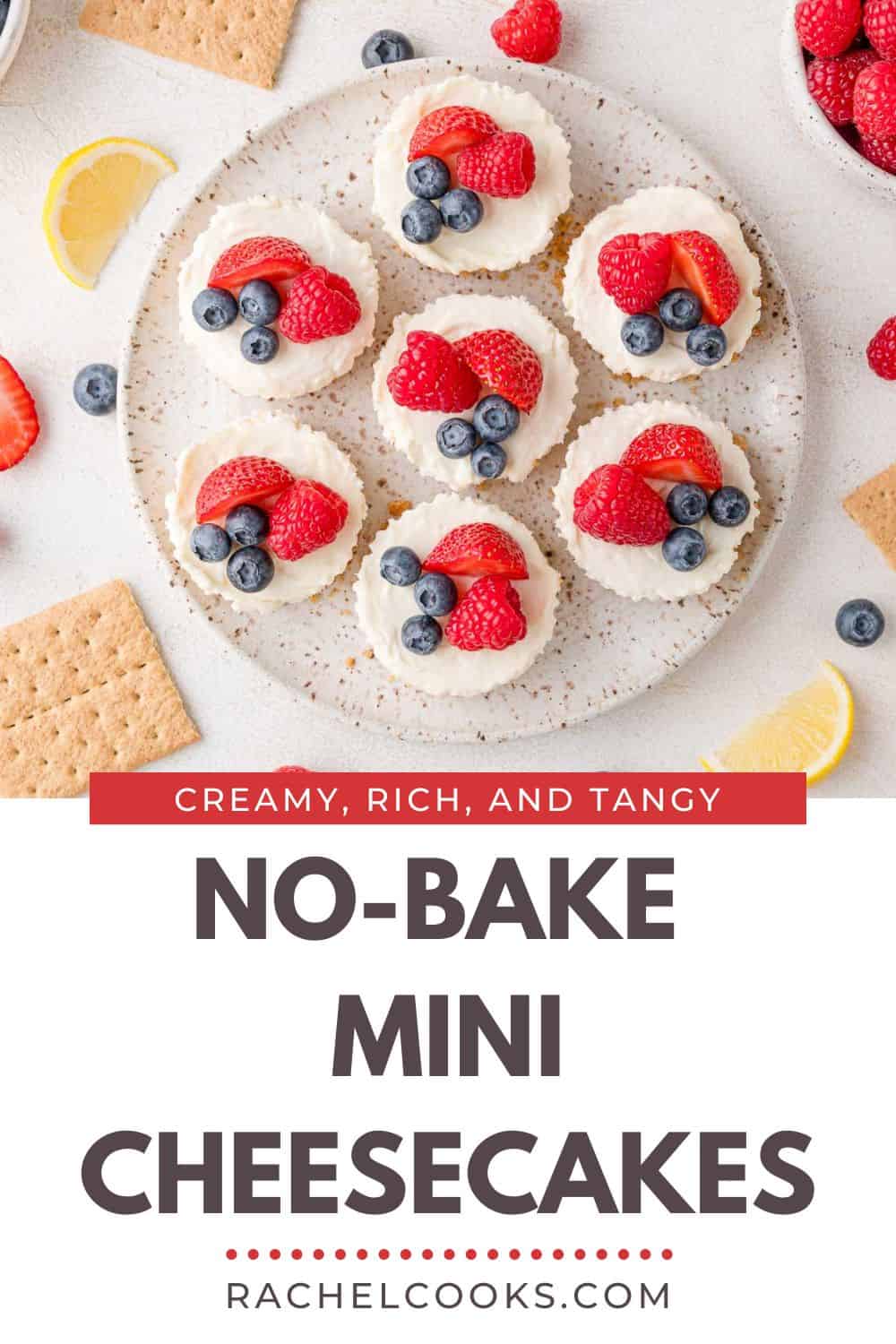 No-Bake Mini Cheesecakes Pinterest graphic with text and photos.