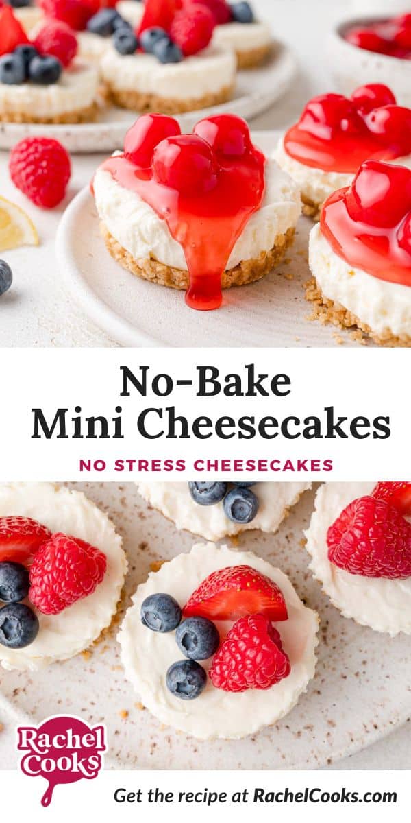 No-Bake Mini Cheesecakes Pinterest graphic with text and photos.