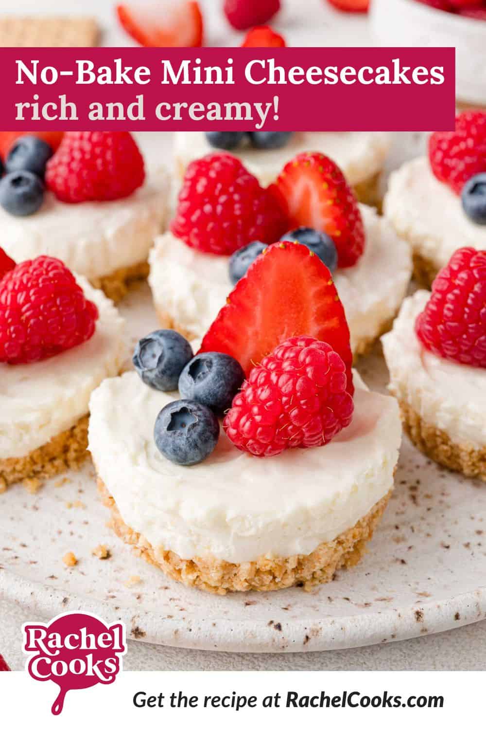 No-Bake Mini Cheesecakes Pinterest graphic with text and photos.