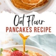 Oat Flour Pancakes Pinterest graphic with text and photos.