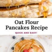 Oat Flour Pancakes Pinterest graphic with text and photos.