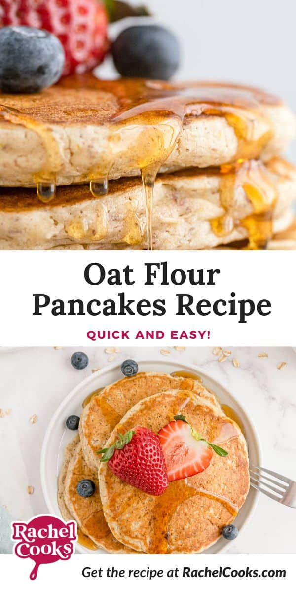 Oat Flour Pancakes Pinterest graphic with text and photos.