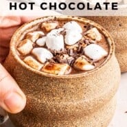 Oat Milk Hot Chocolate Pinterest graphic with text and photos.