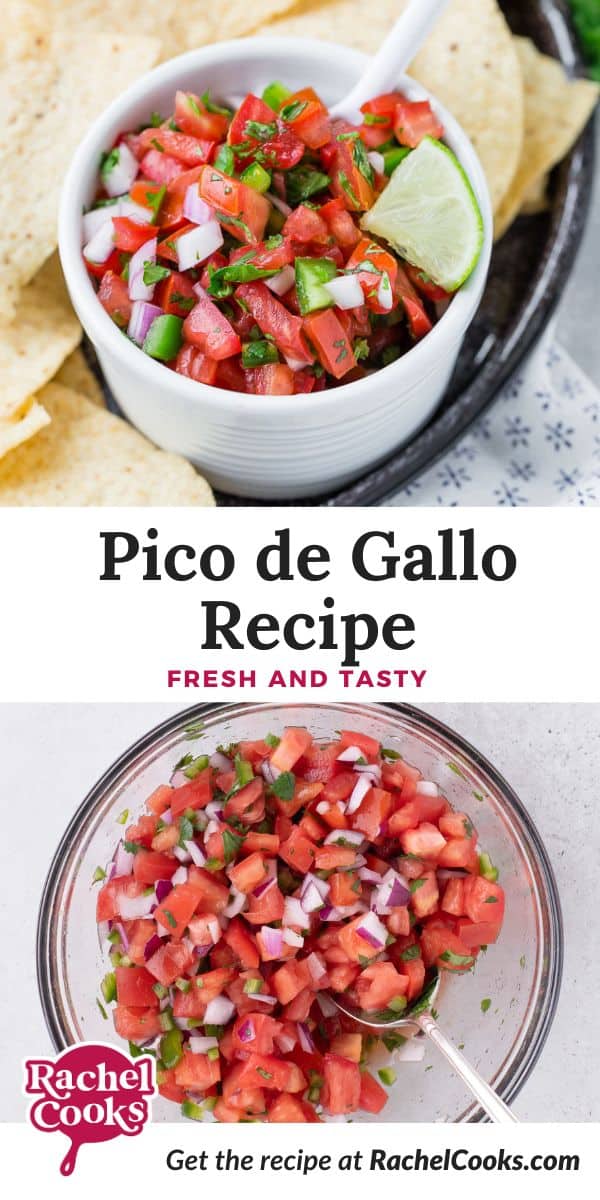 Bowl of pico de gallo with ingredients like tomatoes, onions, and cilantro. Text reads Pico de Gallo Recipe - Fresh and Tasty.