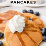 Sweet Cream Pancakes Pinterest graphic with text and photos.