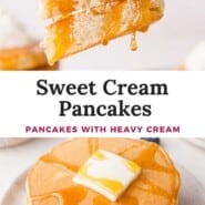 Sweet Cream Pancakes Pinterest graphic with text and photos.